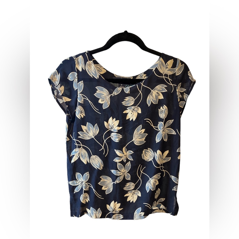 VTG Ralph Lauren Womens Small Navy Blue Floral Top Cap Sleeves 100% Silk Boho